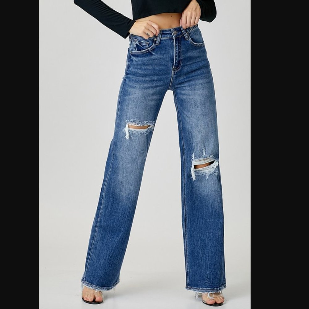 risen high rise distressed wide leg jeans NWT